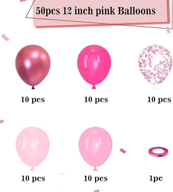 Pink Balloons, 50pcs 12 inch Chrome Pink Deep Light Pink Balloons for Girls Princess Theme Party Supplies Birthday Baby Shower Party Decorations