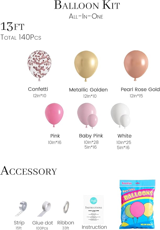 Soonlyn Rose Gold Balloons - 140 Pack, 12 Inch Gold & Pink, Pink Confetti, Arch Kit for Bridal & Baby Showers