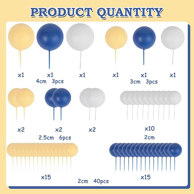 52 Pcs Ball Cake Decorations - Blue Yellow White Ball Dessert Picks Cake Cupcake Toppers, Birthday Party Baby Shower Gender Reveal Cake Supplies