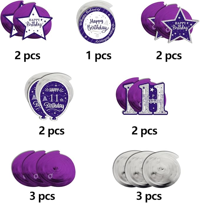 Happy 11th Birthday Purple & Silver Glitter Swirls Streamers Party Decorations - 15 Pcs 11th Birthday Hanging Swirls Streamers Kit,Cheers to Eleven Years Old Bday Party Sign.