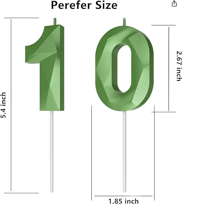 Number Birthday Candles(10 Candle Green) 3D Diamond Shape Number Happy Birthday Cake Candles for Birthday Party Wedding Decoration Reunions Theme Party