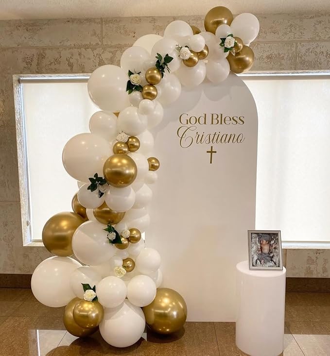 First Communion Balloons - White and Gold with God Bless Balloon Garland Arch Kit Different Size Balloons for First Holy Primera Communion Baptism Theme Party Decorations