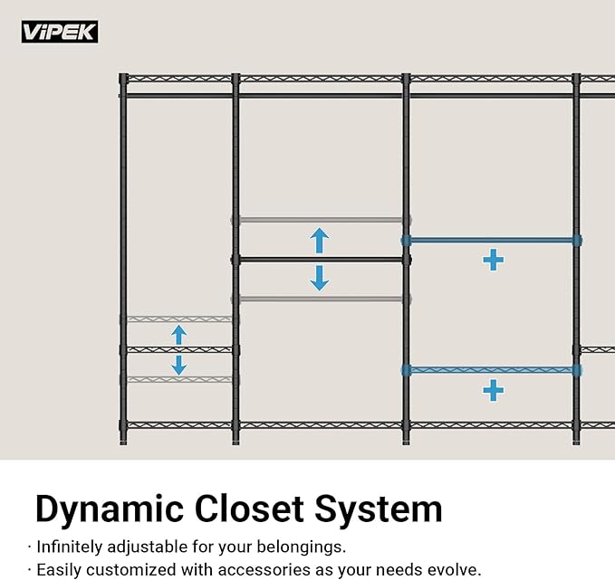VIPEK X30 Expandable Clothes Rack Adjustable from 5' to 6'11", 950lbs Capacity Heavy Duty Portable Closet Wardrobe with 4 Hanger Rods & 7 Wire Shelves, Metal Closet System for Reach-in Closet, Black