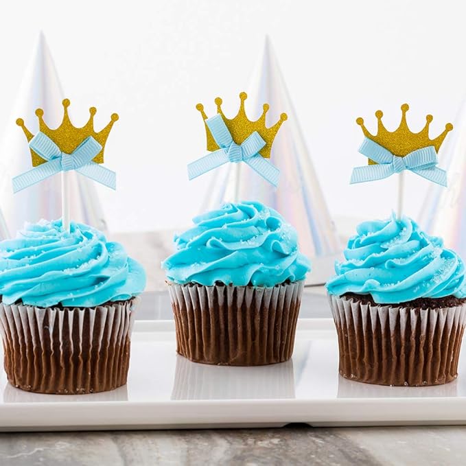 Restaurantware Top Cake 3.7 X 1.6 Inch Cake Toppers 10 Crown Cake Topper Inserts - Sturdy With Glitter Detail Gold And Blue Paper Cake Decoration Birthday Baby Shower Wedding Supplies