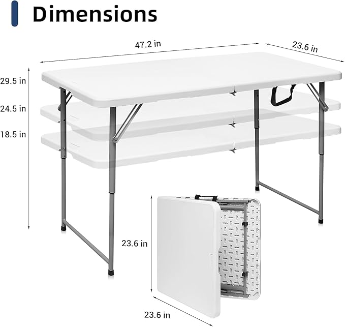 4 Foot Folding Table Adjustable Height 22-30 Inch, Heavy Duty Fold in Half Plastic Table with Steel Legs, Portable Indoor Outdoor Table for Picnic, Camping, Dining, Party