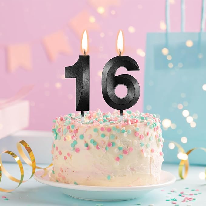 Number 16 Birthday Candles, 1.96 Inch Happy Birthday Cake Candles Cupcakes Topper Decoration for Birthday Party Wedding Anniversary Celebration Supplies (Black)