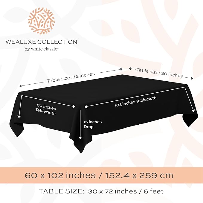 White Classic WEALUXE Black Table Cloths for 6 Foot Folding Tables [2 Pack, 60x102 Inches] Tablecloths Rectangular, Washable Linen Fabric Cloth