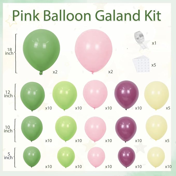 Pink Green Purple Balloons Arch Kit，Green And Pink Balloons with Sage Light Olive Green Dusty Pink Lilac Yellow Pastel Balloons for Wedding Birthday Party Fairy Bridal Shower Wildflower Decoration.