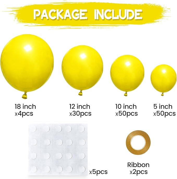 134Pcs Yellow Balloons Different Sizes 5 10 12 18 Inch Yellow Balloon Garland Arch Kit, Latex Balloons for Birthday Wedding Baby Shower Party Decorations.