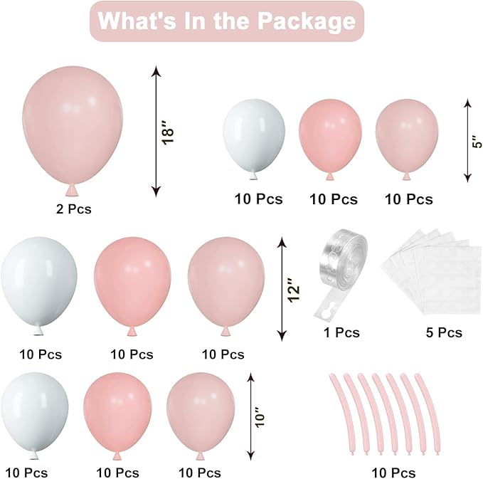 Bow Pink and White Balloon Arch Kit, 102pcs Light Pink White Bow Balloons Difference Sizes Latex Balloons with 16ft Tape Strip & Dot Glue for Pink Bow coquette Birthday Party Decorations