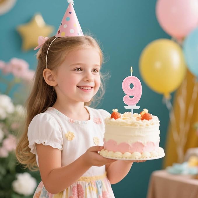 Pink Number Birthday Candles, Romantic Cake Glitter Pink Number Candles Anniversary Cake Topper Decoration Cute Birthday Party Supplies for Wedding Anniversary Celebration Supplies (9)