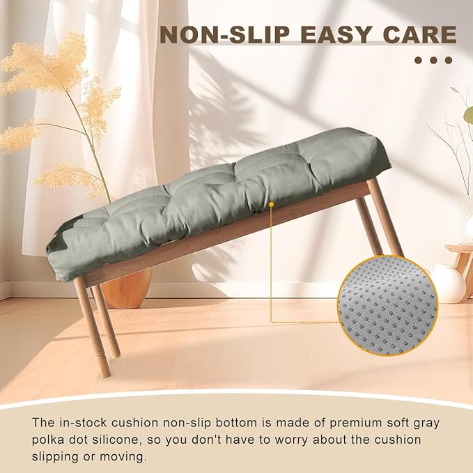 Bench Cushion 42 inches,Indoor/Outdoor Non-Slip Tufted Cushions, Premium Waterproof Linen, Soft Piano Sofa Cushions, Entryway Storage, Bay Window, High-Density Memory Foam(Medium Grey-42x16x4in)