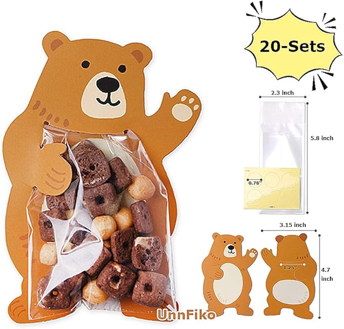 UnnFiko Mini 'Candy' Bags {20 Pack} Paper Party Favor Treat Bags for Cookies, Candy Buffet, Baby Shower- Halloween/Wedding/Birthday Party Favor Bags (Bear, 20-Pack)