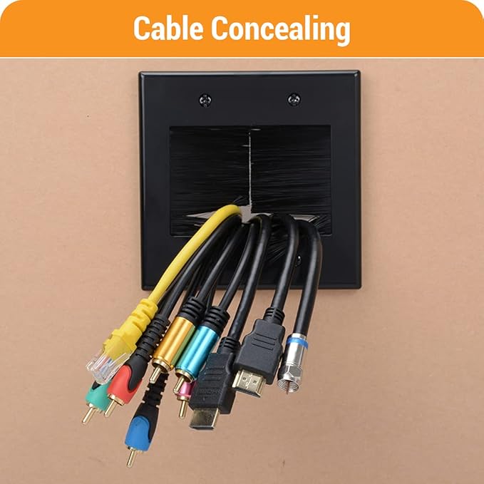 2 Gang Brush Wall Plate (Black, 4 Pack), Double Gang Cable Wall Plate for Power Cords, Low Voltage Cables and Wires in-Wall Hiding
