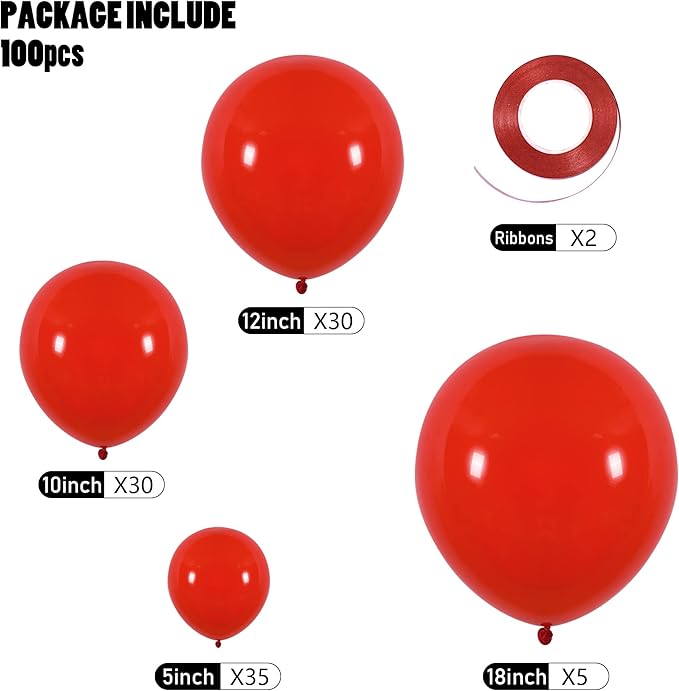 CANREVEL Red Balloons - 100pcs 5/10/12/18 Inch Latex Balloons Garland Arch Kit for Christmas Birthday Party Wedding Valentines Day Baby Shower Party Decoration