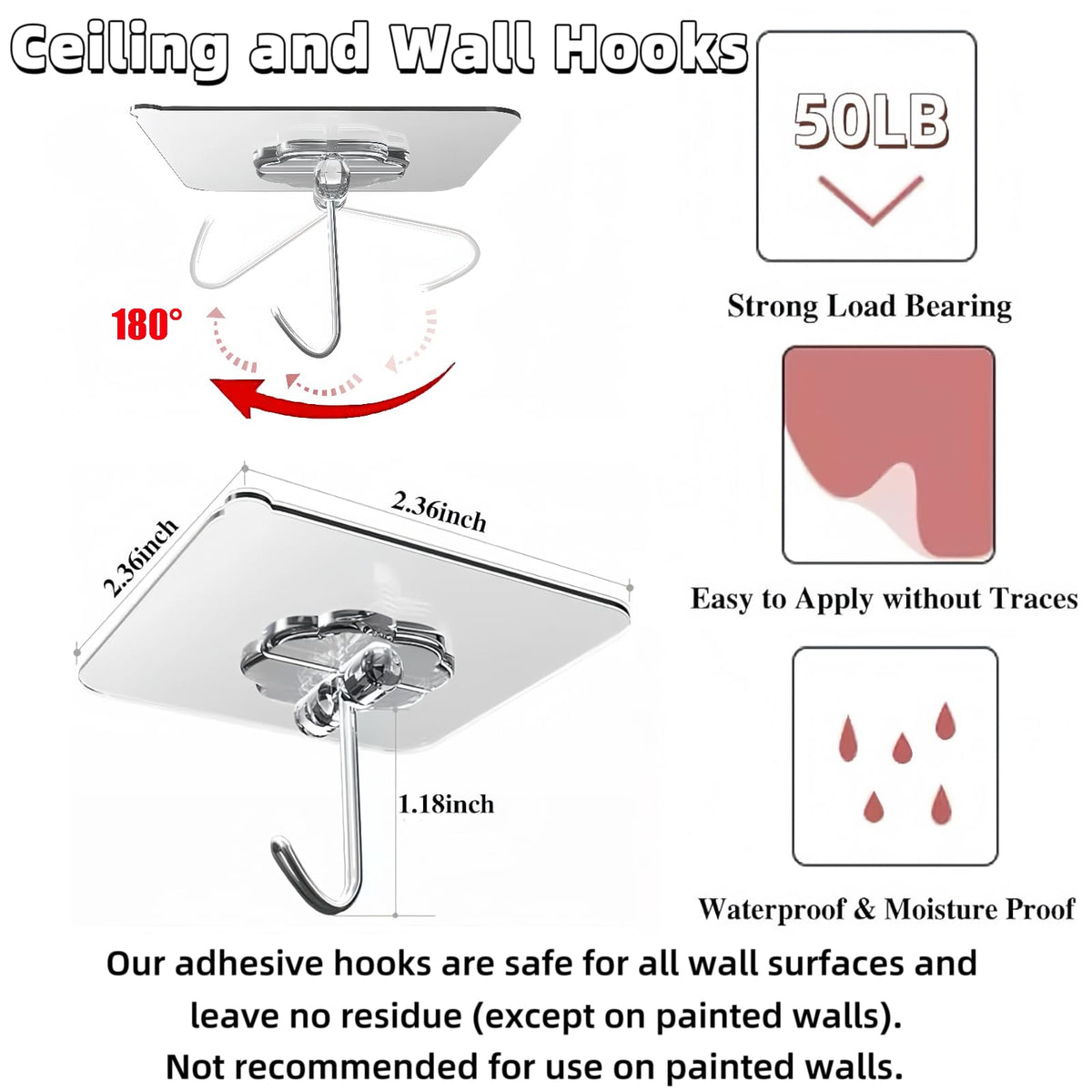 100 Pack Heavy Duty Self Adhesive Hooks 50 lbs Transparent Reusable Sticky Wall Hooks for Hanging Waterproof Adhesive Hooks for Kitchen (100 Count)