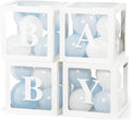 Voircoloria Baby Shower Decorations, 4pcs Transparent Balloon Boxes with Letters, Blue & White, Includes 36 Balloons & Adhesive Dots