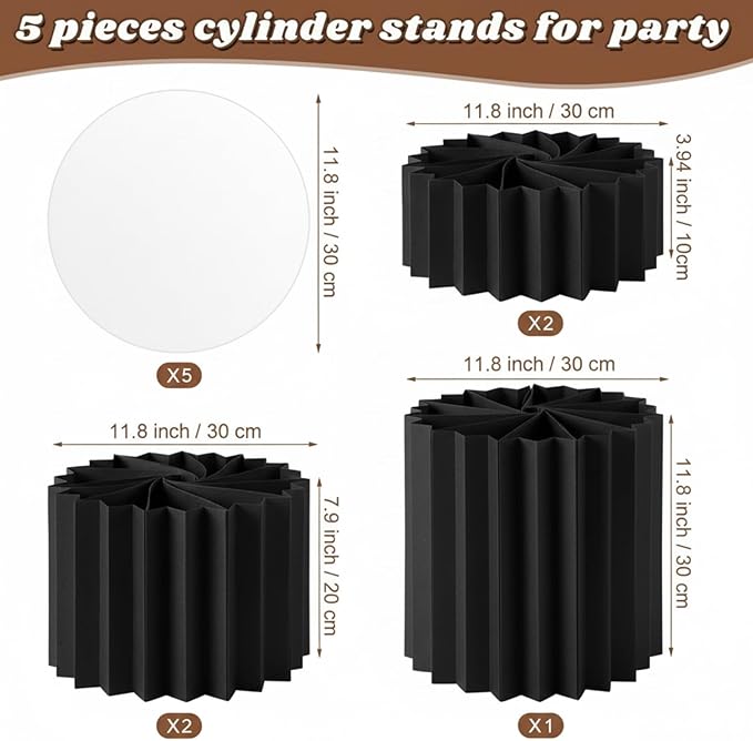 Capoda 5 Pieces Buffet Risers - 12" Cylinder Party Stands with Acrylic Plates Foldable Food Display Risers for Dessert Jewelry Cupcake Catering Supplies Wedding Birthday Party Table Decoration(Black)