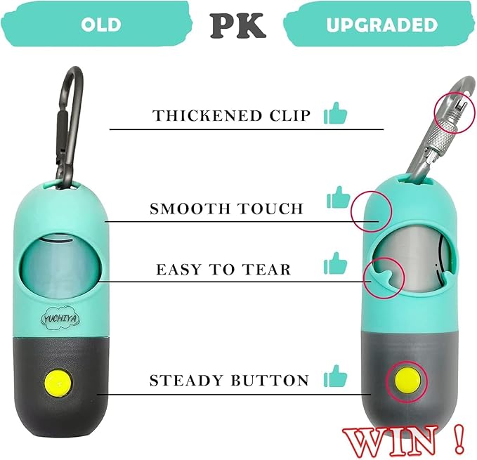 Dog Poop Bags Holder with LED Flashlight|Pet Waste Bags Dispenser for Leash|Doggie Potty Bags Container with Leak-proof Pet Trash Bags and Accessories (1 Holder 195 Bags, Mint Green)