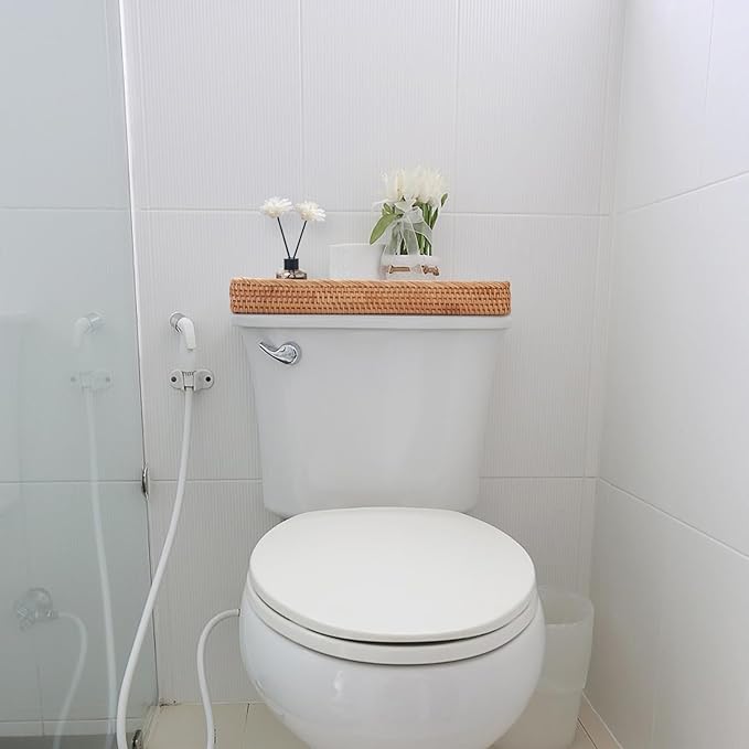 Rattan Bathroom Vanity Tray, Toilet Tank Basket Tray for Paper Hand Towel, Bathroom Counter Tray for Organizing and Decor (Natural, 16.3" x 6.1" x 2")