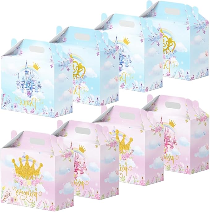 16 Pcs Princess Prince Birthday Party Favor Boxes - Pink & Blue Crown Cardboard Print Party Gift Paper Boxes with Handles, Princess Prince Party,Gender Reveal & Wedding Decorations Supplies(16-princess-box)
