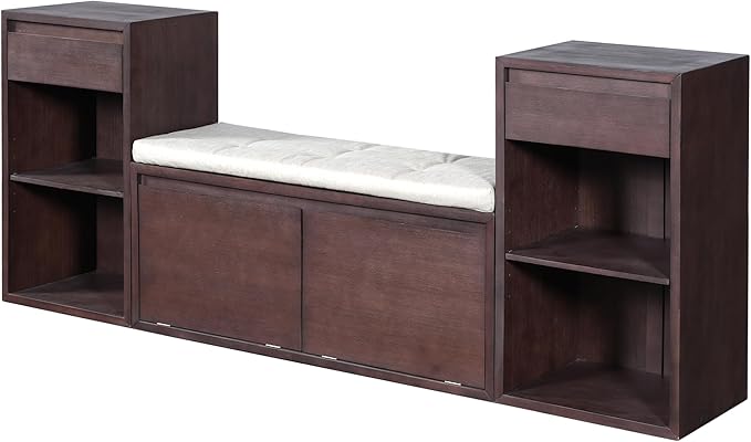 Merax All-in-One Shoe Storage Bench with Cushion & Flip Compartments, Entryway Bench with Drawers and Open Shelves, Solid Wood Storage Bench for Mudroom Hallway Living Room, Espresso