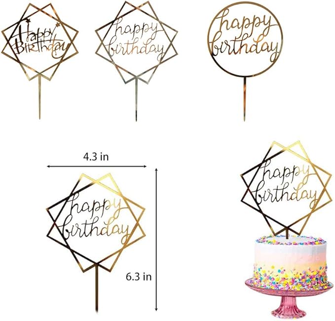 12Pcs Acrylic Cake Topper, BetterJonny Double-Sided Glitter Happy Birthday Gold Cake Topper Set, Birthday Decoration for Children and Adults