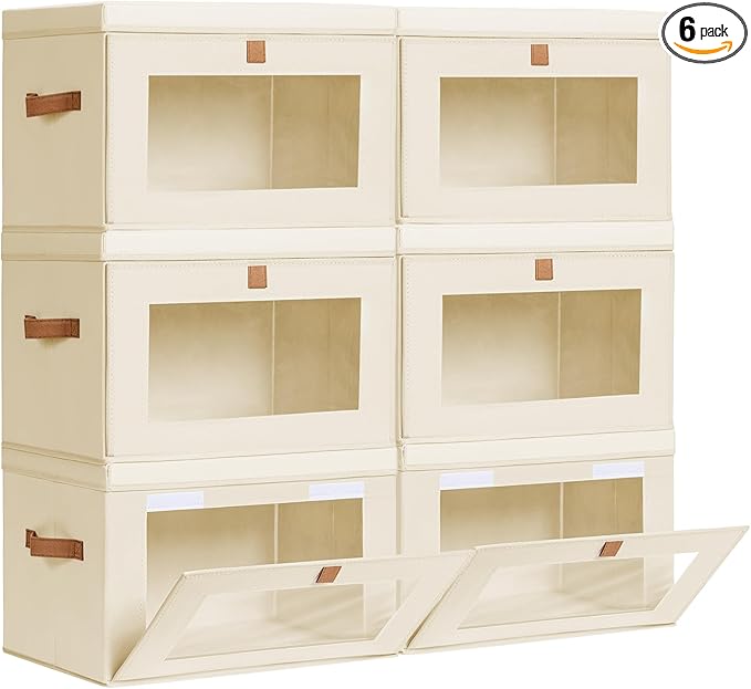 Homsorout Large Closet Storage Bins - Collapsible Clothing Organizer with Handles & Window, Decorative Bin with Lids, Linen Closet Organizers for Living Room, Dorm, 6 Pack, Beige