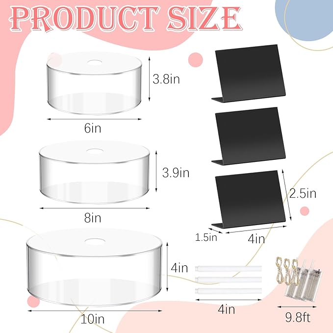 3 Pcs Acrylic Cake Stand Set with LED Lights – 6'', 8'', 10'' Clear Round Fillable Display Risers with 3 Mini Signs & 2 Marker Pens for Wedding, Birthday, Party, Buffet Food and Dessert Display