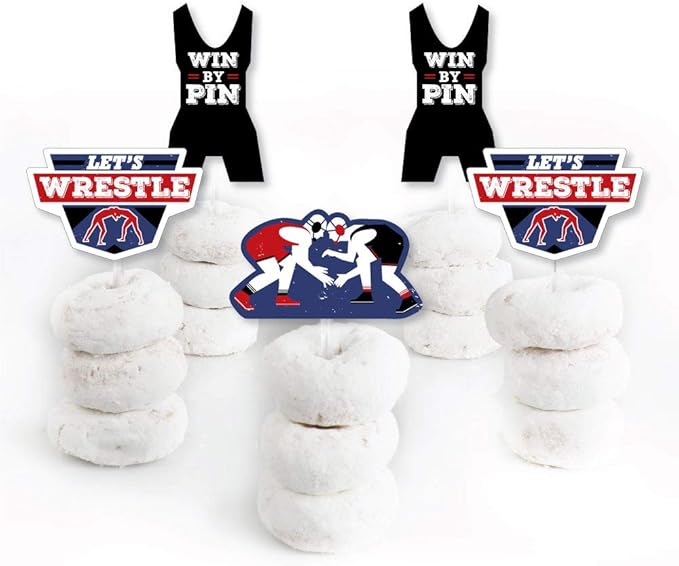 Big Dot of Happiness Own the Mat - Wrestling - Dessert Cupcake Toppers - Birthday Party or Wrestler Party Clear Treat Picks - Set of 24