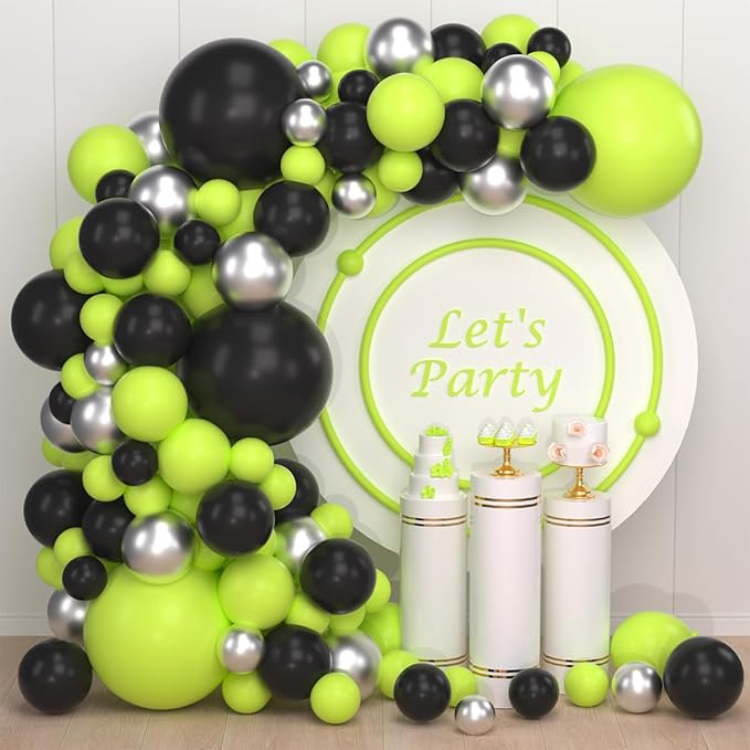 Lime Green, Metallic Silver, Black Balloons Set - 117PCS Fruit Lime Green Balloons Garland Video Game Party for Boy Men Video Gaming Tropical Safari Birthday Graduation Party Decorations