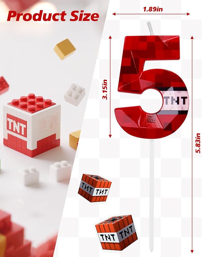 Number 5 Red Pixel Birthday Candle, TNT Themed Birthday Candles for Cake, 2.70 Inch Green Miner Number Candles, Game Themed Candle Birthday Decoration, Red Birthday Cake Topper for Boys Girls Party