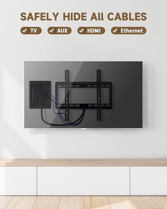in Wall Cable Management Kit for TV, Recessed Outlet for Low Voltage Cables, TV Cable Hider Wall Kit, Cord Hider for Wall Mount TV, Wall Cable Management Box for Home & Office, Black
