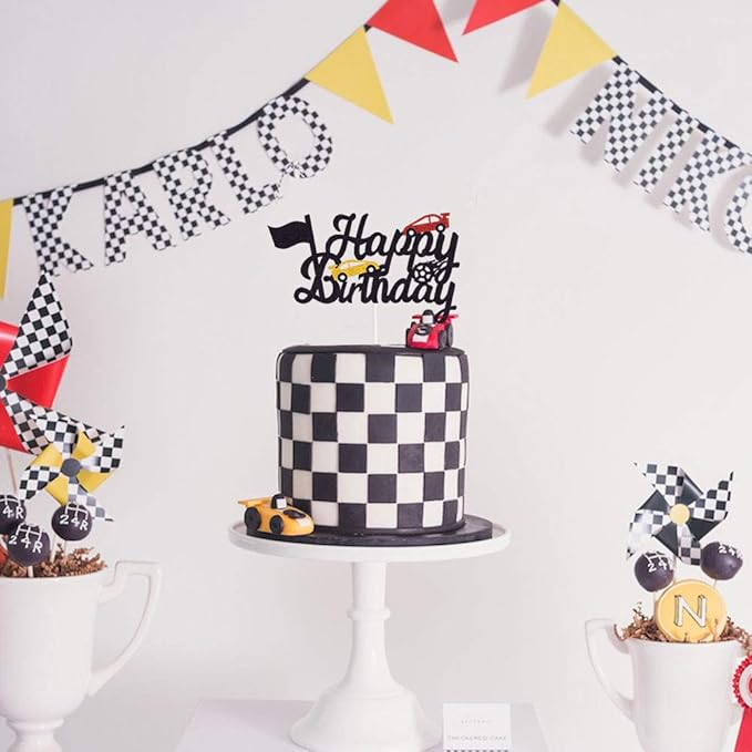Marwey Race Car Cake Topper - Happy Birthday Cake Decor Chequered Flag Themed Party Supplies Decorations(Doubled-Sided)
