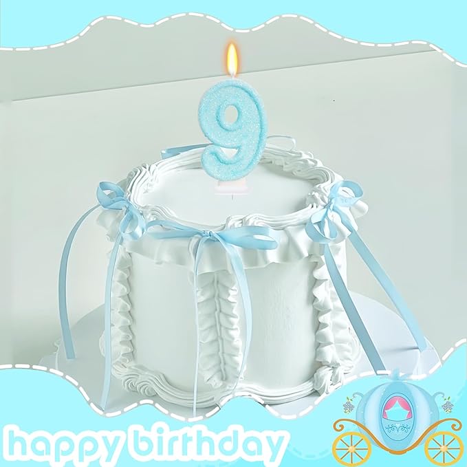 Blue Birthday Candles - Number 9 Candle for 9th Birthday Decorations for Girls Boys, Sky Blue Cake Decorations Sweet Theme Party Supplies