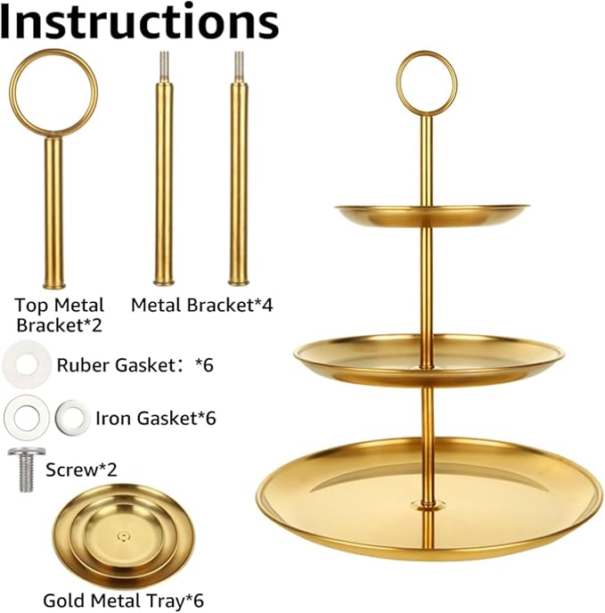 QTLCOHD 2Pcs 3 Tier Stainless Steel Cupcake Stand - Gold Tiered Dessert Stand for Wedding & Birthday Party
