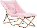 Tiita Folded Chair with Straight Ottoman, Soft Faux Fur Oversized Folding Accent Chair,Lazy Chair, Metal Frame Moon Chair for Bedroom, Living Room, Dorm Rooms, Garden and Courtyard, Pink