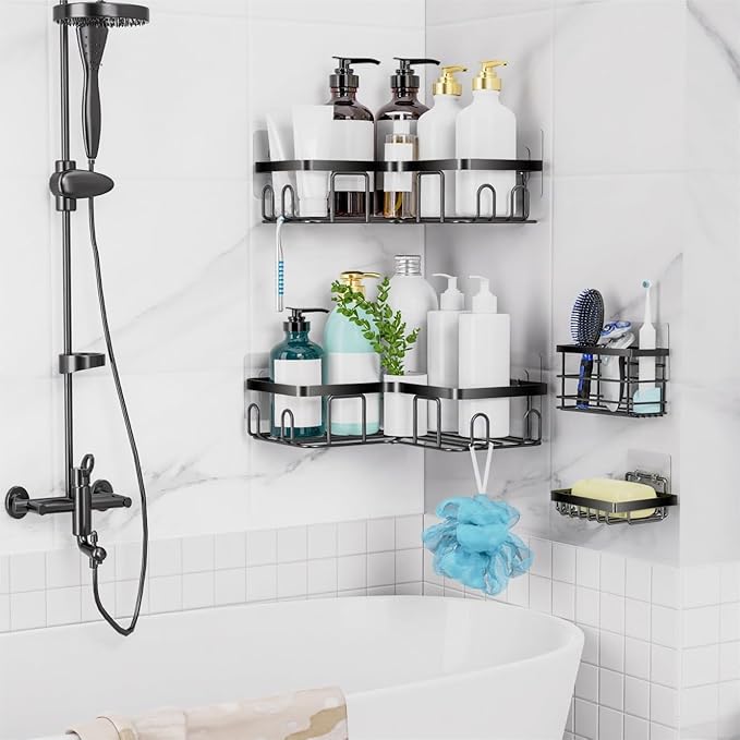 Moforoco 5-Pack Shower Caddy, L-Shaped, 10.2in Diameter, 90-Degree Right Angle, Rustproof, Easy Installation, 12 Hooks, Soap Holder, Adhesive Corner Shower Organizer, Black