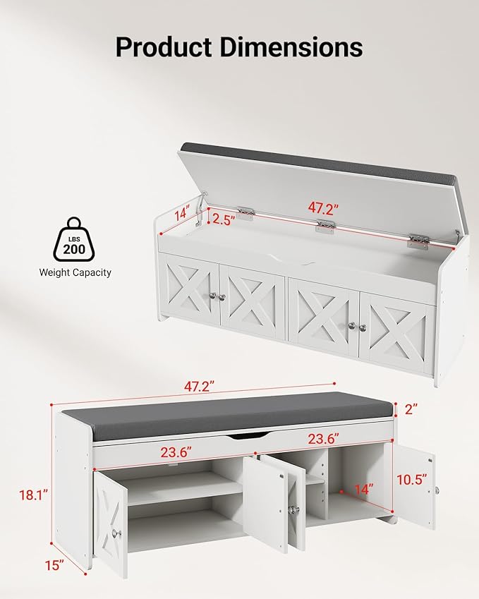 Pipishell Shoe Storage Bench, 2-Tier with Cushioned Seat, Entryway Bench with Adjustable Shelf & Barn Doors, 300 lbs Capacity, 47.2" x 15" x 18", for Entryway, Bedroom, Living Room, White