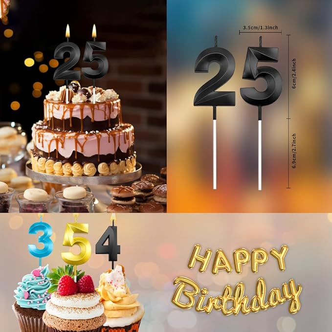 25th Birthday Candles 25 Candles for 25th Birthday Decorations for WomenHappy 25 Birthday Cake Topper Black Candles for Party GraduationAnniversary