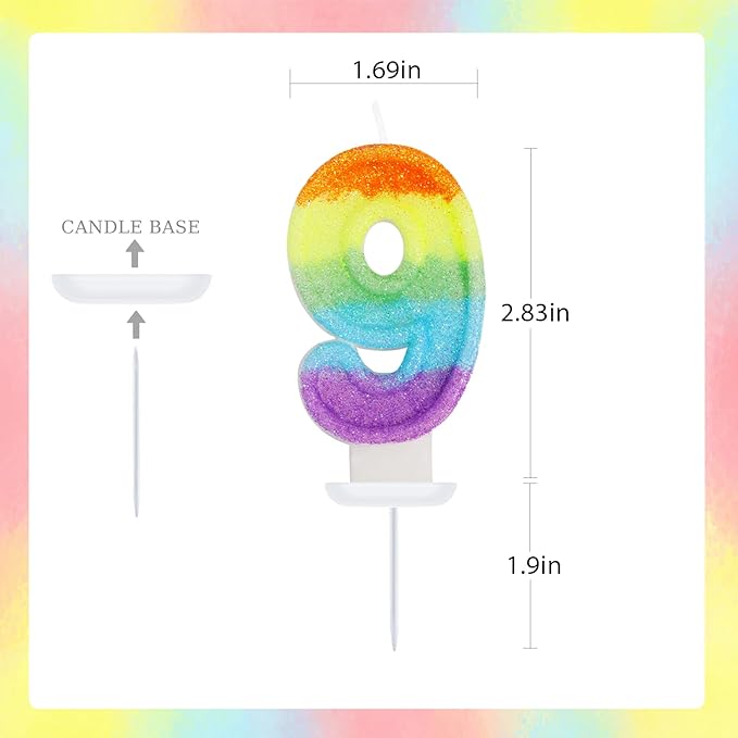 Rainbow Candles for Birthday Cakes, 9 Cake Topper, Rainbow Birthday Party Decorations, 9th Number Candle for Girls Boys (Number 9)