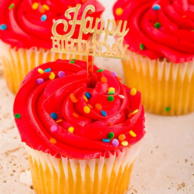Restaurantware Top Cake 2.9 X 1.6 Inch Cake Toppers 10 Happy Birthday Cake Topper Inserts - Sturdy With Mirrored Detail Gold Paper Cake Decoration Special Birthday Cake Decor