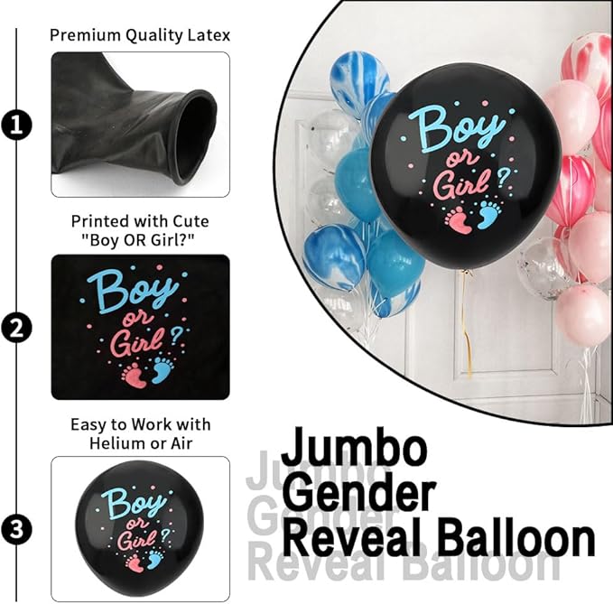 Gender Reveal Balloon, 36 Inch Black Gender Reveal Balloon Big Boy or Girl Balloon Kit with Footprint Blue and Pink Confetti for Baby Genders Reveal Ideas Party Decorations Baby Shower Party Supplies