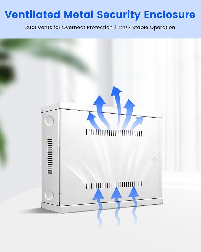 DVR Lock Box & NVR Enclosure, Heavy Duty Lockable Steel Cabinet for CCTV Surveillance Systems, Wall-Mount Design with Ventilation and Cable Management