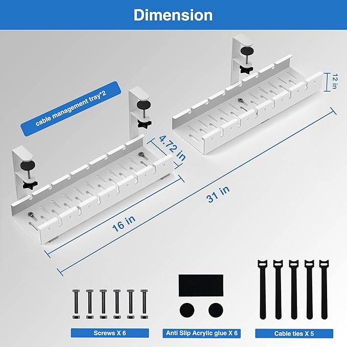 No Drilling Under Desk Cable Management, Metal Cable Management Tray Under Desk with Clamp, Retractable Power Strip Cord Holder for Wire Management 31Inch (2 Pack White)