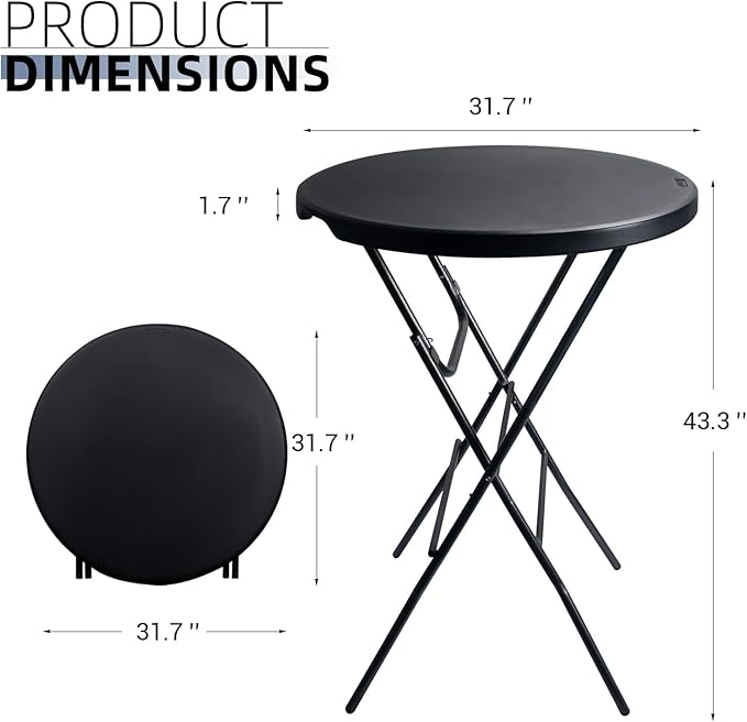 Byliable 32in Cocktail Table Black High Top Folding, Portable Bar Height Folding Table Round with Removable Carbon Black Legs, Indoor Outdoor Banquet for Parties, Commercial, Speech