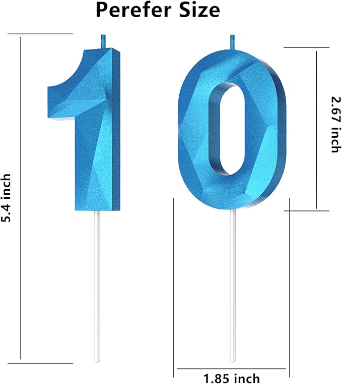 Number Birthday Candles(10 Candle Blue) 3D Diamond Shape Number Happy Birthday Cake Candles for Birthday Party Wedding Decoration Reunions Theme Party