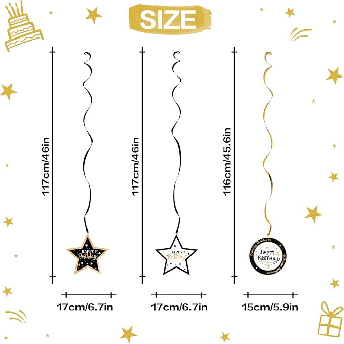 Happy 80th Birthday Black & Gold Glitter Swirls Streamers Party Decorations - 15 Pcs 80th Birthday Hanging Swirls Streamers Kit,Cheers to Eighty Years Old Bday Party Sign.