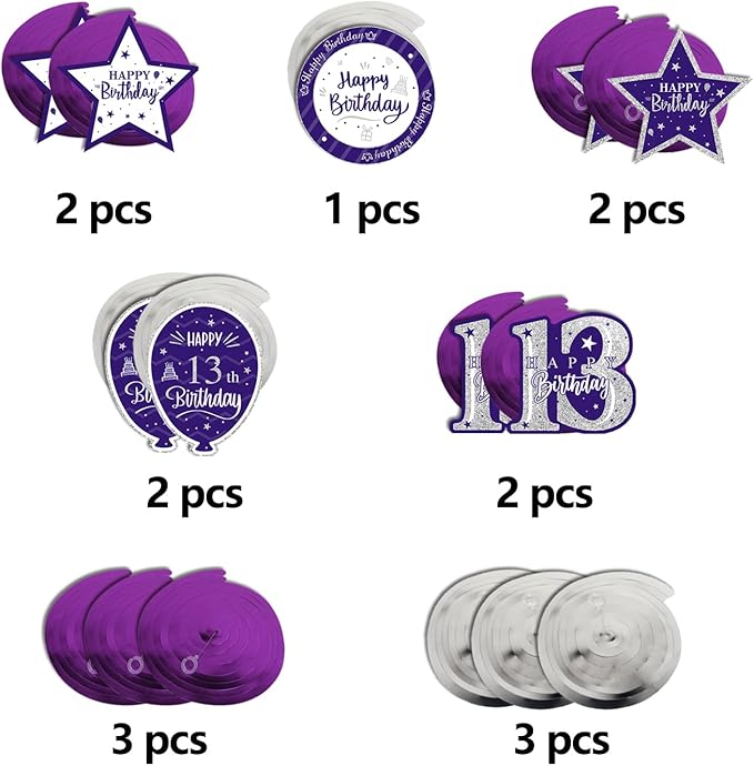 Happy 13th Birthday Purple & Silver Glitter Swirls Streamers Party Decorations - 15 Pcs 13th Birthday Hanging Swirls Streamers Kit,Cheers to Thirteen Years Old Bday Party Sign.