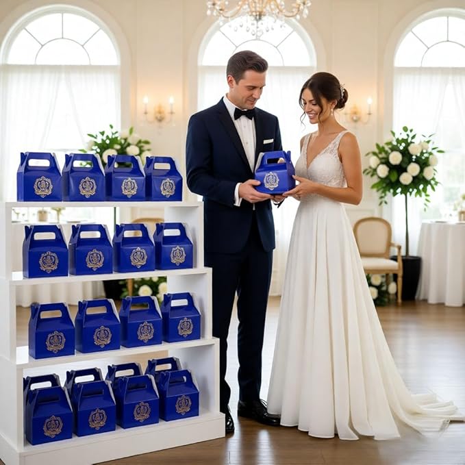 XAGLVV 24 Pack Dark Blue Paper Gable Boxes,6.2 Inch Candy Boxes with Handle, Snack Party Favor& Gift Cookie bags for kids Birthday,Wedding, Baby Shower, Graduation.